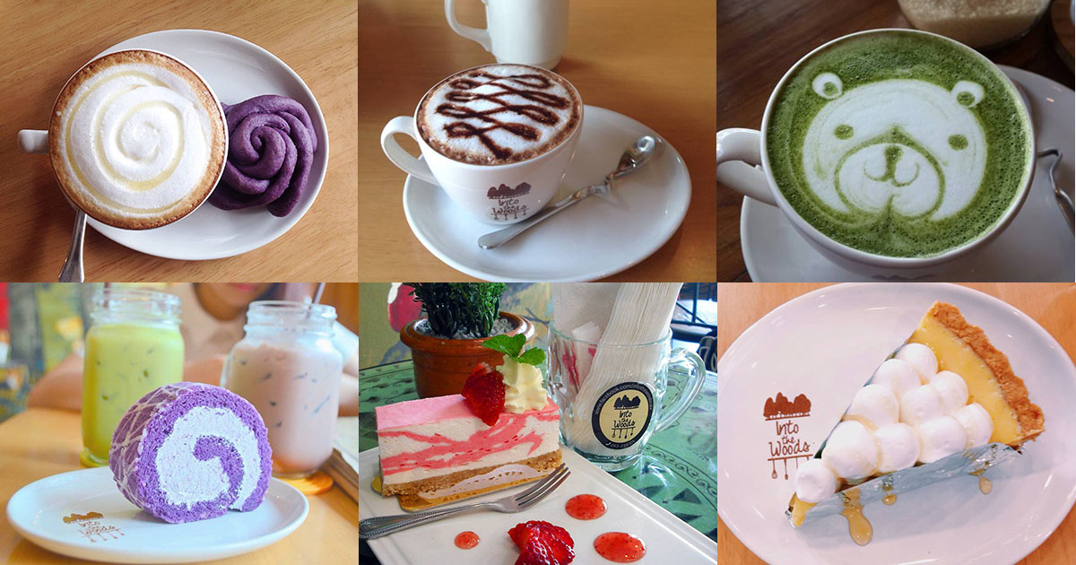 Collage of drinks and desserts from Into the Woods Cafe